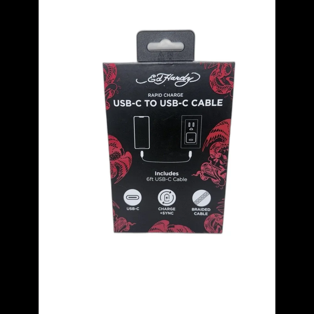 NEW Ed Hardy 6FT Black Braided  Charging Cable USB-C To USB-C Rapid Charge NWT